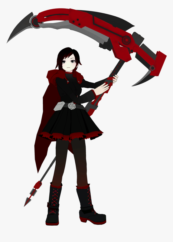 Ruby Rose with her pride and joy "Crescent Rose". Being somewhat of a gunsmith, she designed her own weapon. Crescent Rose is a deadly mechanical scythe that can also convert into a "high caliber sniper rifle". what that is is unknown.