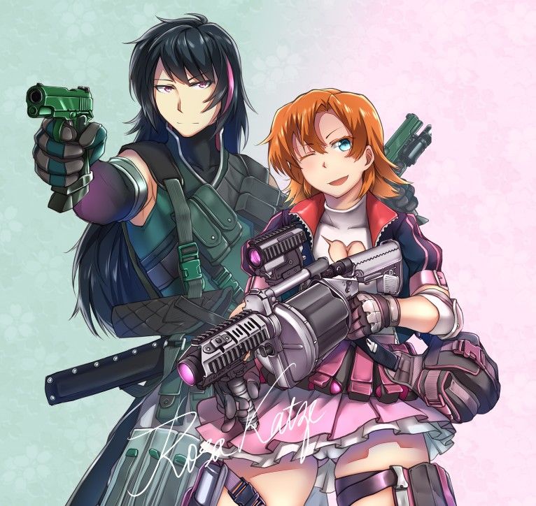 Tactical RenNora. Lie Ren is holding his custom 1911, and Nora Valkyrie is wielding her custom signature weapon "Magnhild", in it's secondary mode inspired by a drum-fed M32 40mm grenade launcher. This weapon also converts into a large maul/warhammer. This is also another RWBY relationSHIP that became canon in Volume 7/6 "A Night Off". 